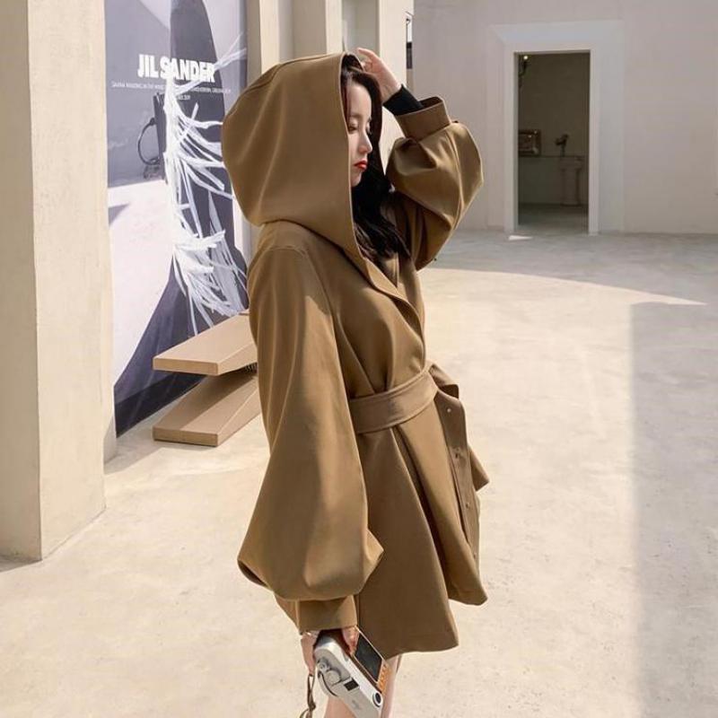 Trench coreano allentato autunnale con cintura con cappuccio Cappotto da donna nero