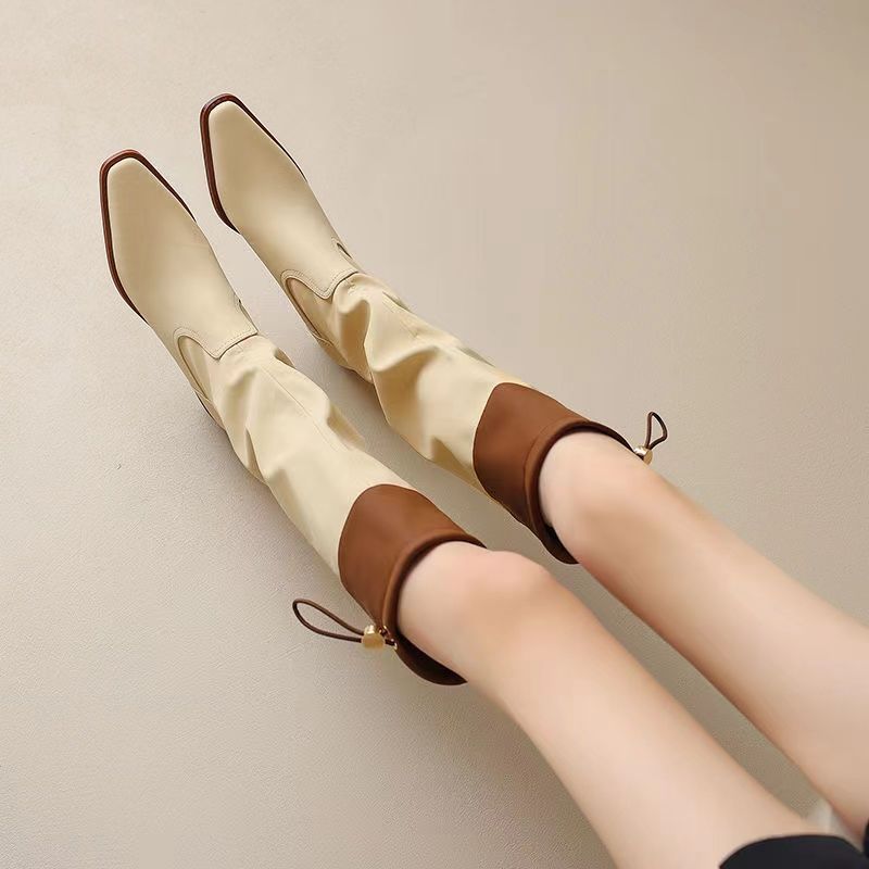 Fashion Square Toe Leather Color Blocking Middle Heel Knee High Shaft Shoes Woman Autumn Winter Chic and Elegant Pu Long Boots for Women