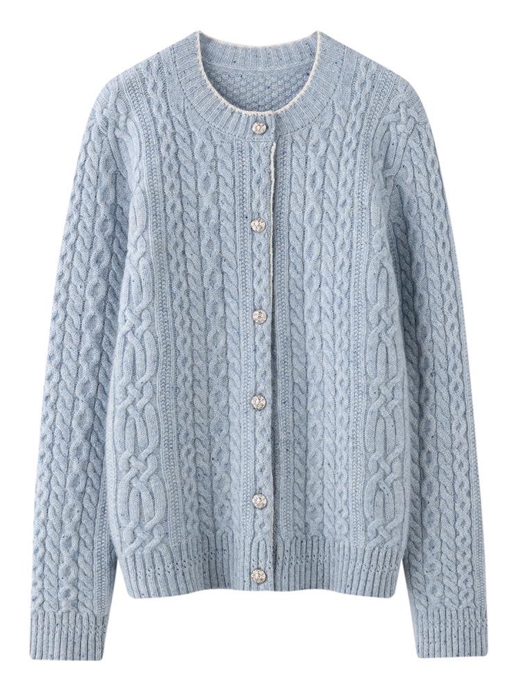 Women's Autumn/Winter Cashmere Knit Cardigan - Versatile Round Neck Elegant Cable Sweater Coat