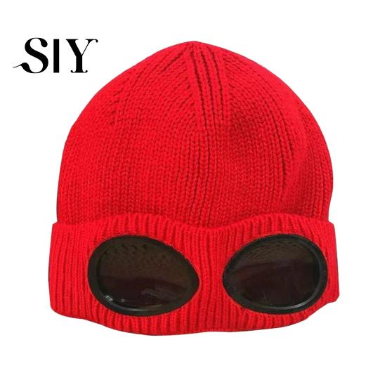 Outdoor Winter Hat Knitting Solid Color Warm Knitted with Glasses Decor Elastic Windproof Travel Cycling Daily Wear