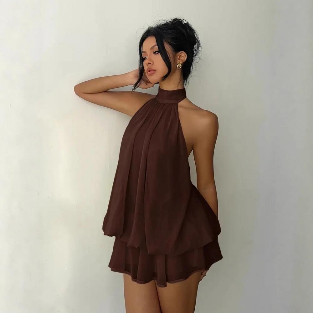 Damen-Urlaubskleid, figurbetont, sexy, rückenfrei, Neckholder-Top mit Bindegürtel und kurzem Puffrock