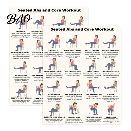 Abdominal Exercises Sitting 2 Sheets Seated Core Exercise Poster, Chair Workout Chart for Portable Reference Abs, Home Gym Wall Art, Strength Training