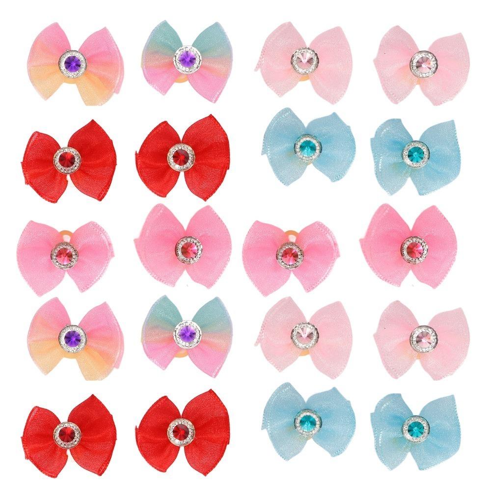 20pcs Organza Ribbon Dog Bow Hair Ties Rhinestone Inlay Pet Bow Rubber Bands Dog Beauty Styling