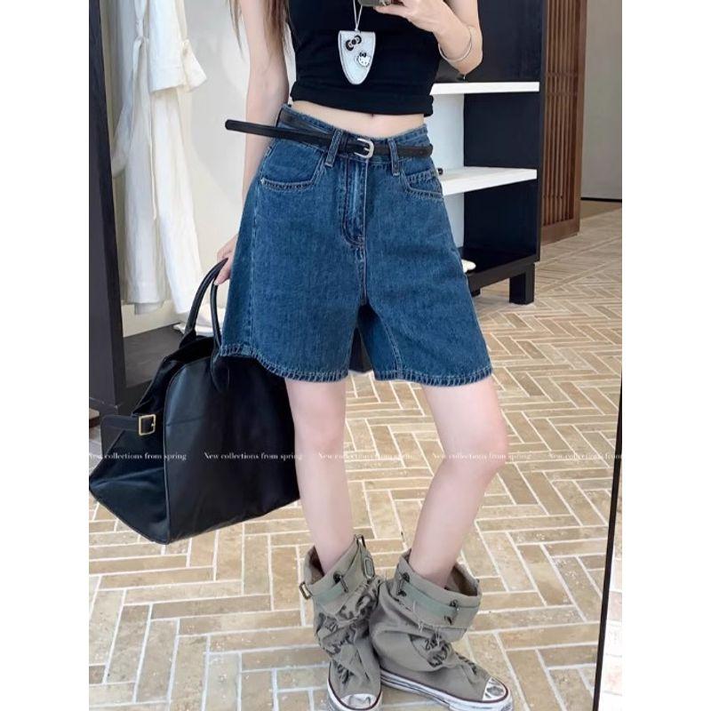 Kumikumi Retro Washed Distressed Jeans Women Summer New Versatile Loose Straight Pants Wide Leg Pants Shorts