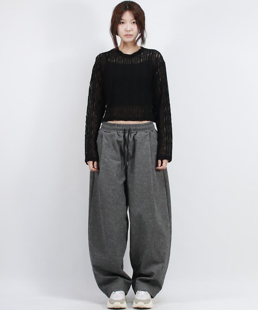 Deumakeu Grunge Washing Side One Tuck Curved Wide Pants Charcoal