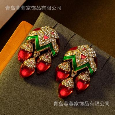 Palace Style Retro Red Small Fish Colorful Treasure Glass Zircon Earrings Vintage Light Luxury Versatile