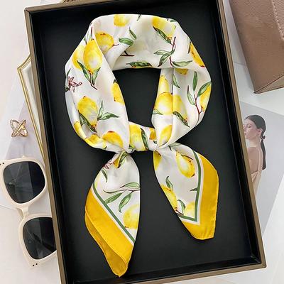 1 Female Headscarf 70 * 70 Cm Fresh Fruit Printed Square ScarfHeadband, New Female Lemon Pattern Elegant Beach Accessories