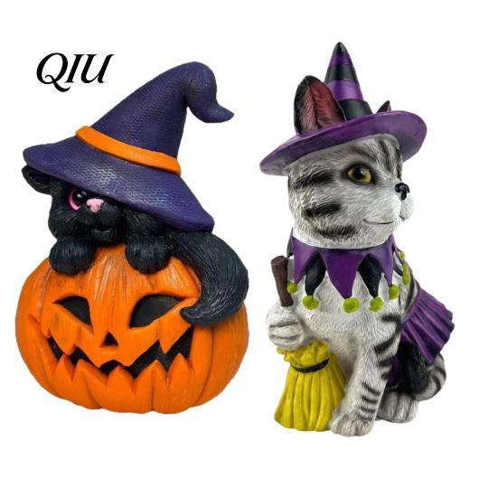 Creative Resin Craft for Home Halloween Ornament, Witch Black Cat Pumpkin Shape, Durable Synthetic Atmosphere Table Centerpiece Weather Resistant