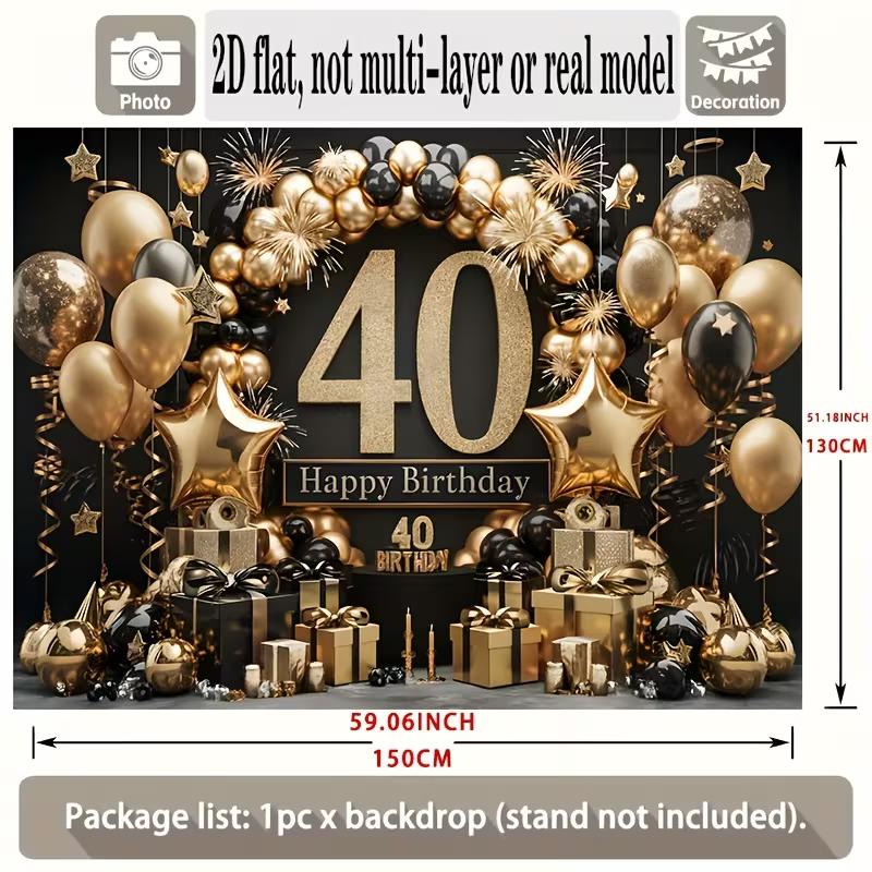 2D 40th Birthday Backdrop Black Gold Glitter - 40 Years Old Party Photography Background