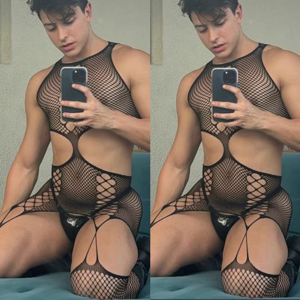 Plus Size Men's Black Sexy Lingerie Fishnet Body Stockings Male Underwear Exotic Lingerie for Man Open Crotch Transparent Tights