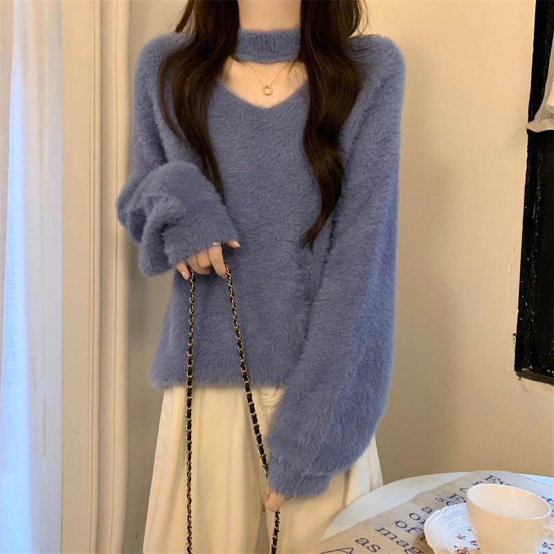 White Halterneck Mohair Sweater for Women in Autumn and Winter V-neck Knitted Bottoming Shirt Soft Waxy Mink Velvet High-end Top