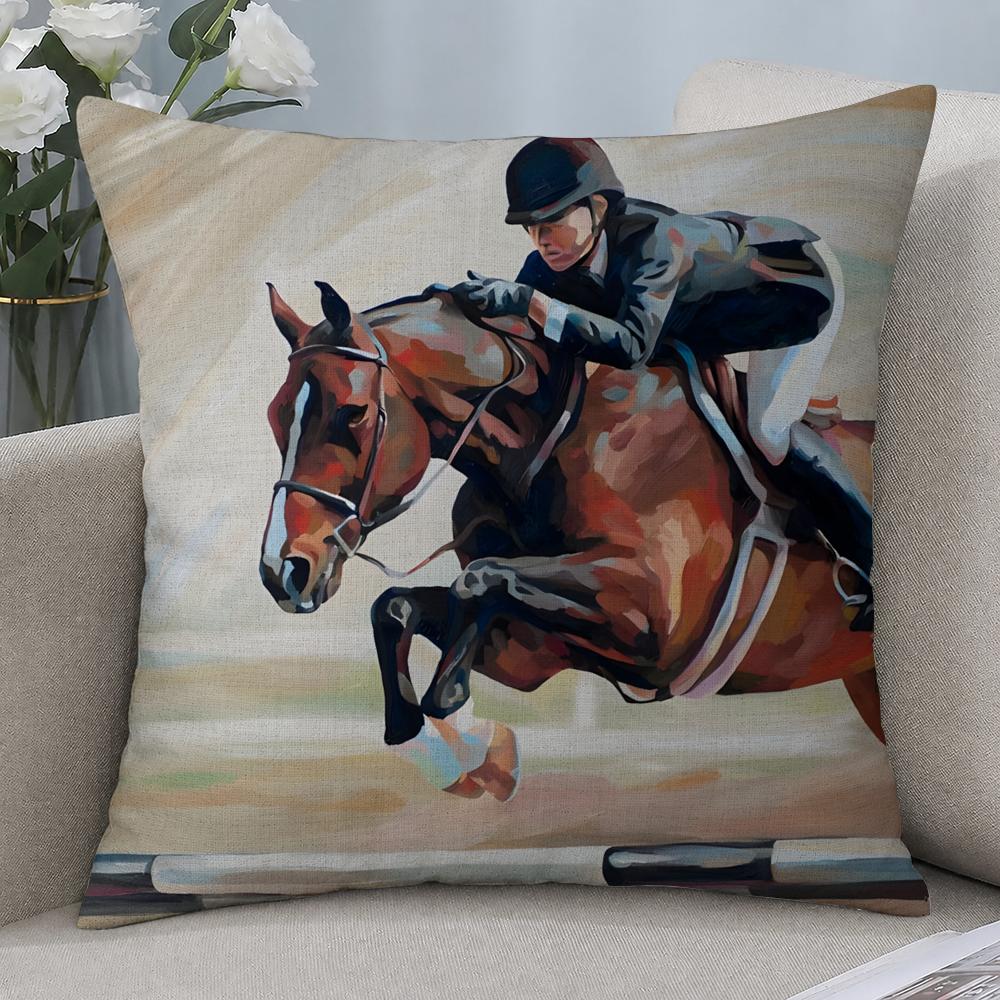 Art Rider Horse Painting Cushion Cover Cushion Covers Natural Linen Breathable Sofa Bedroom Decor Pillowcase