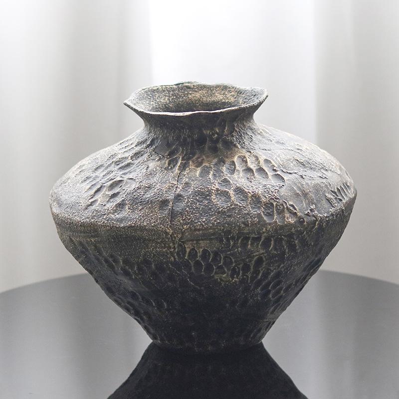 Wabi-sabi Style Retro Mottled Vase: Aged Flower Ornament for Entrance Hall or Living Room. Perfect for Dried Flowers.