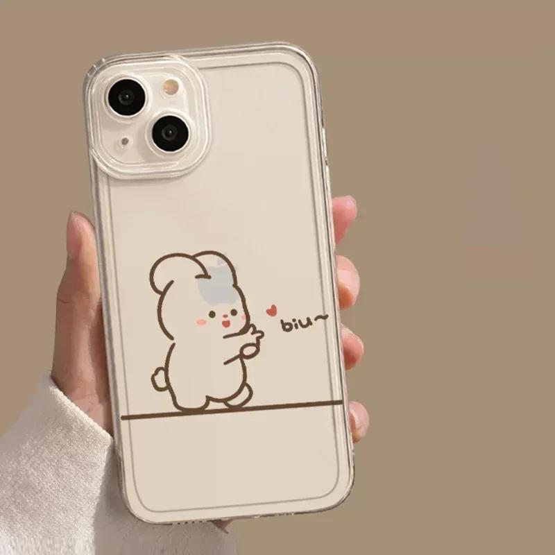 

Simple Funny Bunny Clear Couple Phone Case For iPhone 15 16 13 14 12 11 Pro Max 13Mini 7 8 14 Plus XR SE Paired Covers Shell Bag iPhone 15Plus