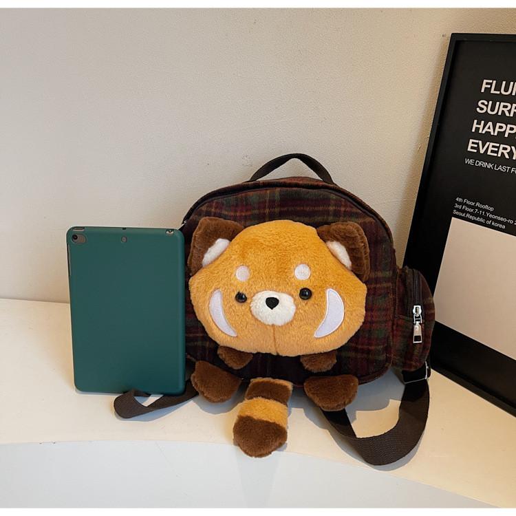 Small Raccoon Fashion Plaid Backpack With Zipper Closure For Girls Travel And Daily Use