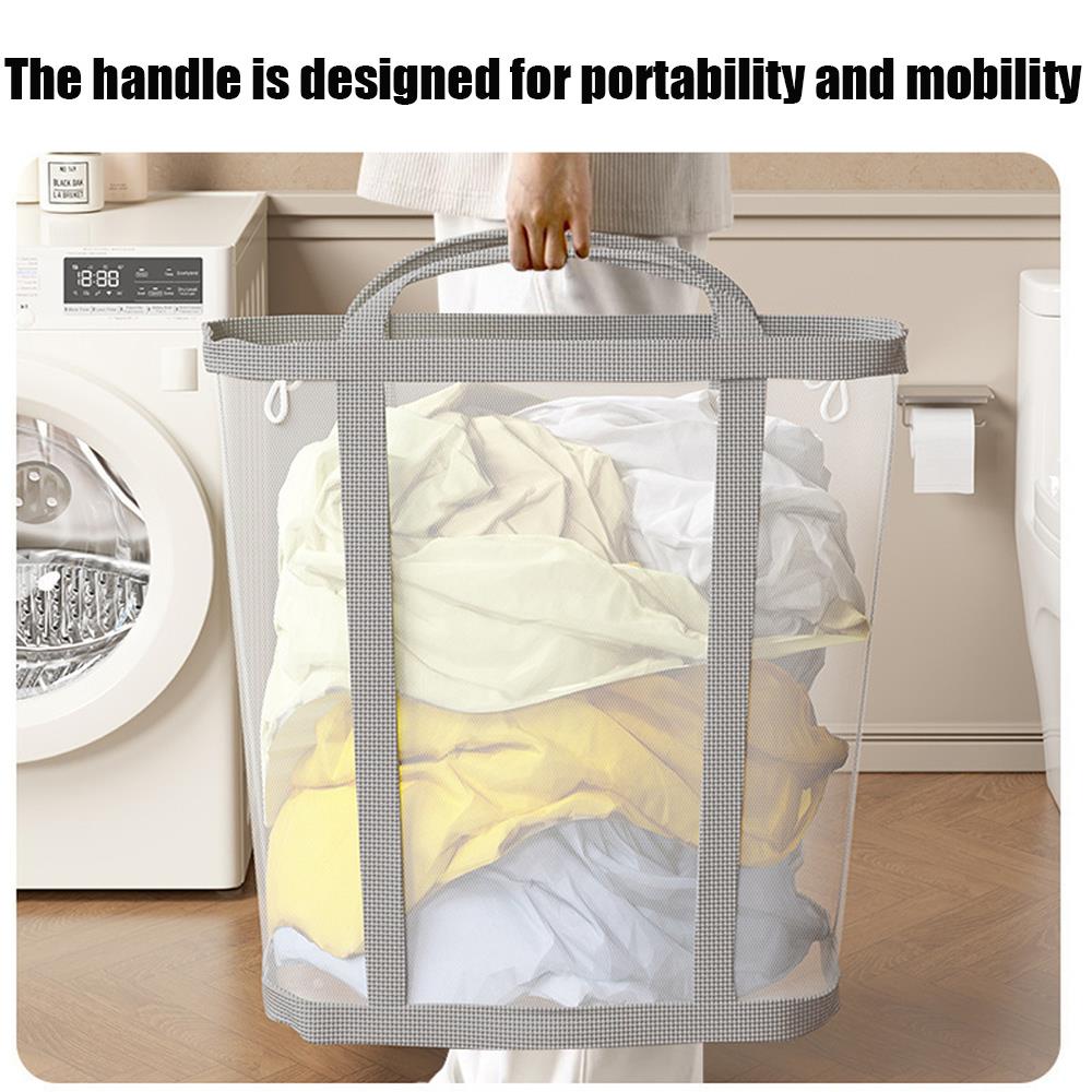 Foldable Mesh Laundry Basket With Handle Large Capacity Hanging Dirty Clothes Hamper Nylon Mesh Laundry Organizer Bag Bathroom