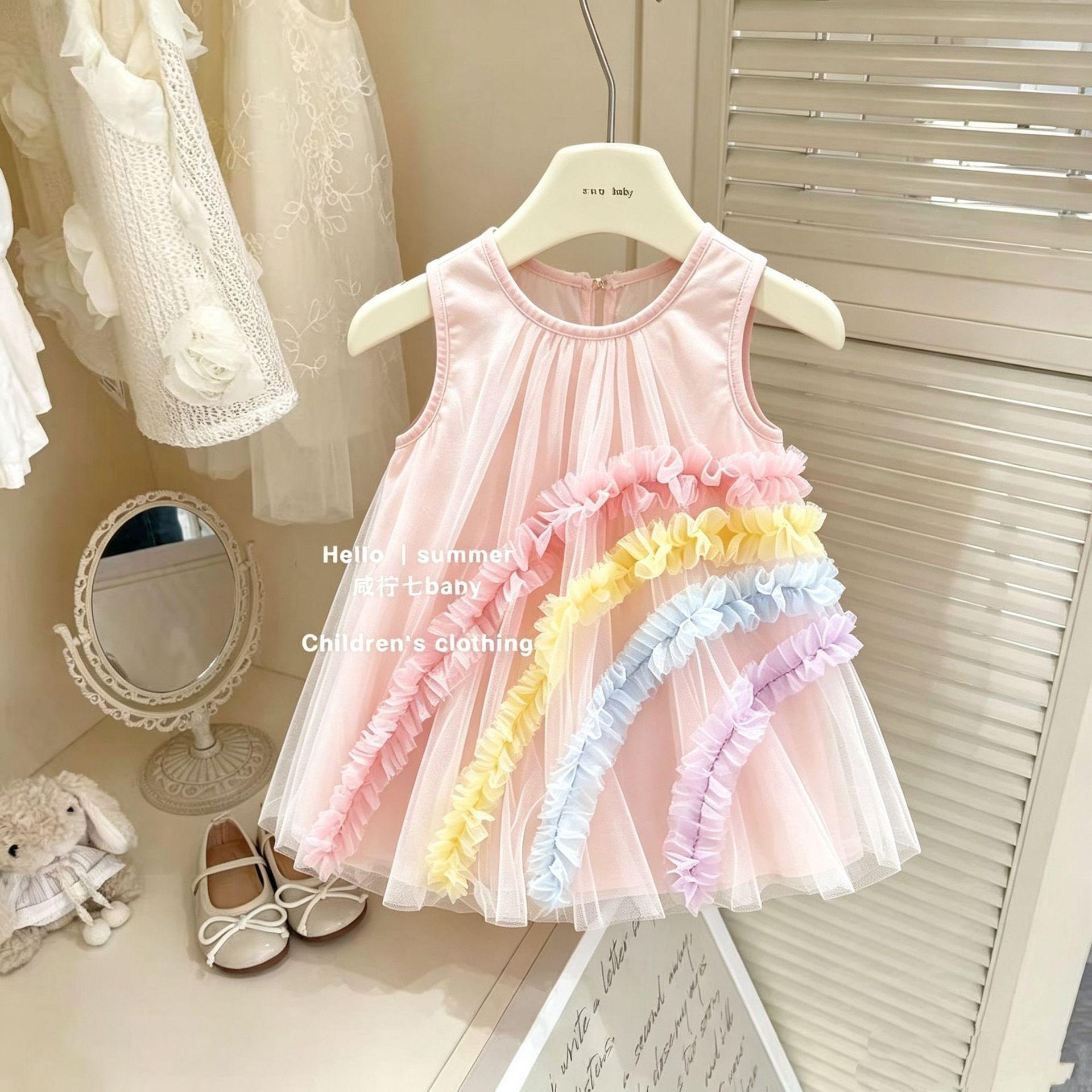 Girls Summer Rainbow Tulle Dress Cute Princess Sleeveless Vest Dress Baby Girl Casual Party Sundress Outfit 80cm