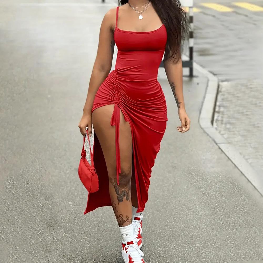 Summer Spice Girl Suspender Dress Side Drawstring High Split Fork Slim Skinny Hips One-step Long Dress