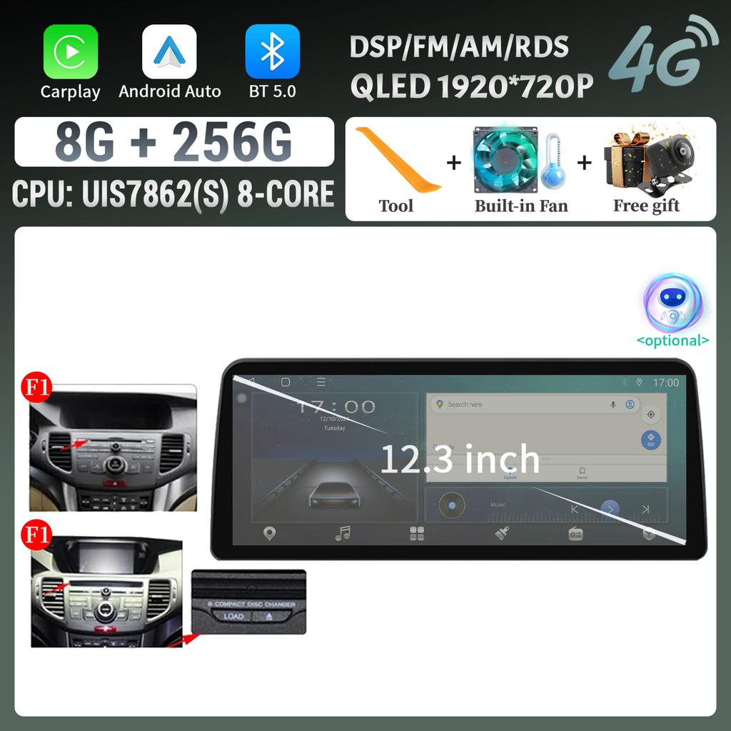 12.3inch For Honda Accord 8 Europe Spirior 2009-2013 Car Radio Multimedia Navigation Wireless BT CarPlay Touch Head Unit Screen