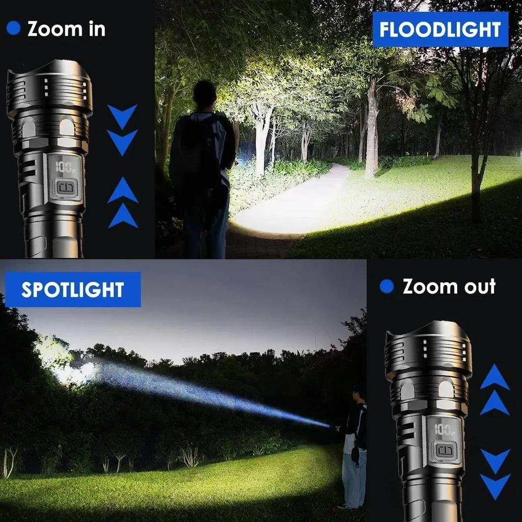 LED Flashlight USB Rechargeable Torch High Power Strong Light Flashlight Long Range Tactical Zoom Lamp Outdoor Camping Lantern