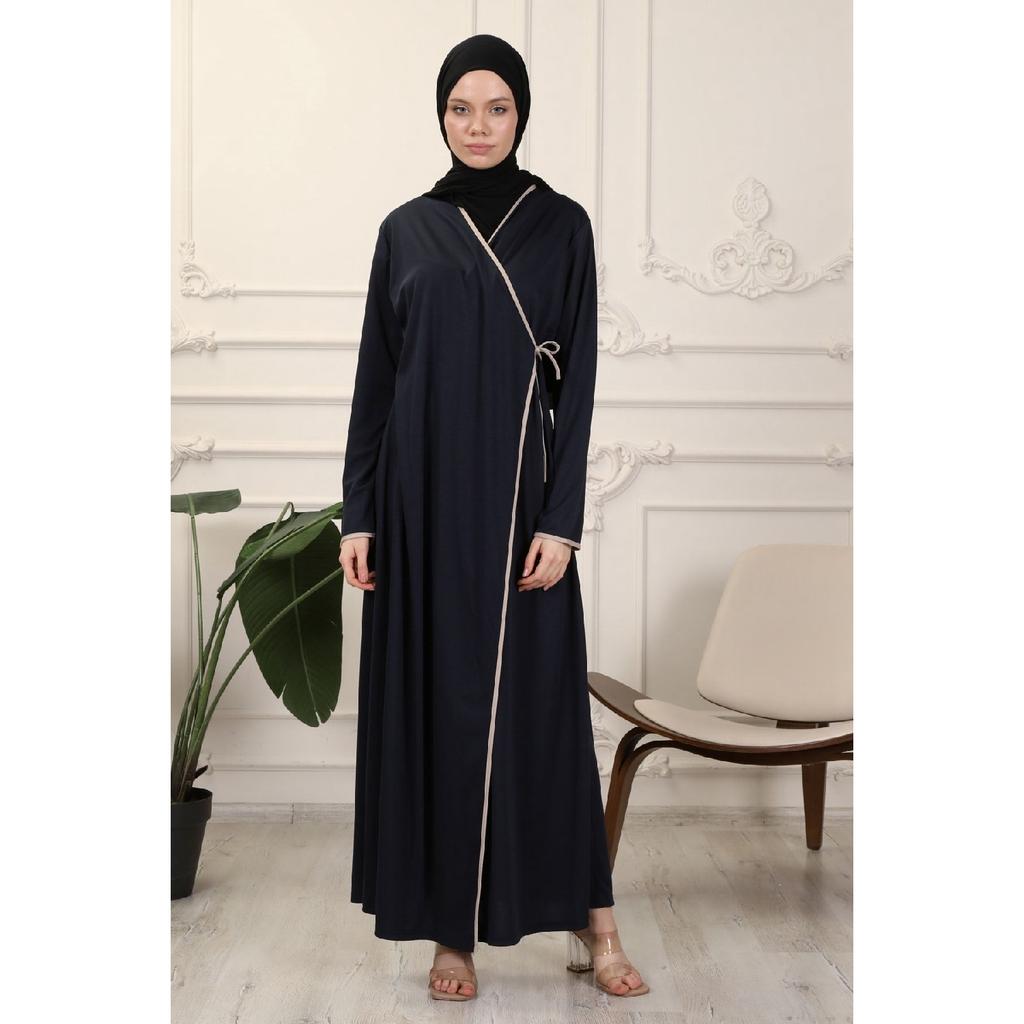 Black Double Breasted Neck Piping Flexible Interlock Fabric Prayer Dress