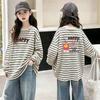 Girls' Fashionable Striped Cotton Long-Sleeve T-shirt for Ages 6-15 - Stylish Casual Patchwork Design
