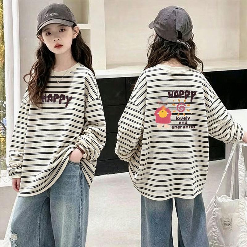 Girls' Fashionable Striped Cotton Long-Sleeve T-shirt for Ages 6-15 - Stylish Casual Patchwork Design
