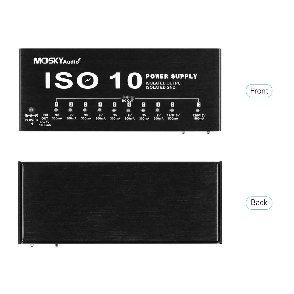 MOSKY ISO-10 Guitar Pedal Power Supply 10 Isolated Outputs 9V/12V/18V Adjustable Voltage for Effect Pedalboard Noise Reduction