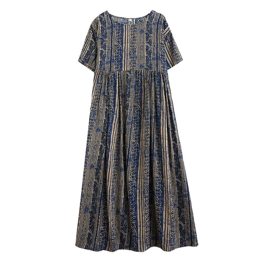 

Плюс размер хлопок лен А-силуэт с цветочным принтом длинное платье летние синие пляжные платья с круглым вырезом для женщин одежда с коротким рукавом One Size синий