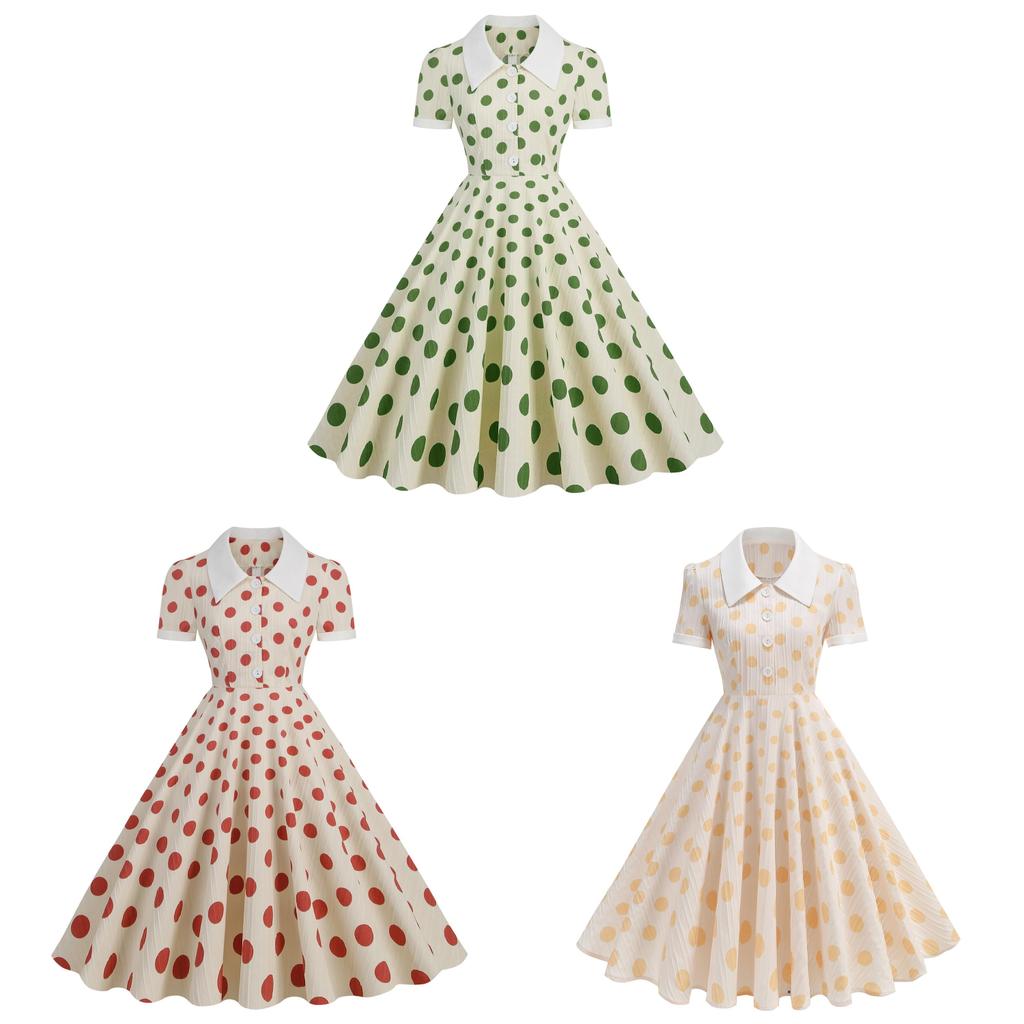 Vintage Polka Dot Dress With Spliced Details For Casual Outings And Parties