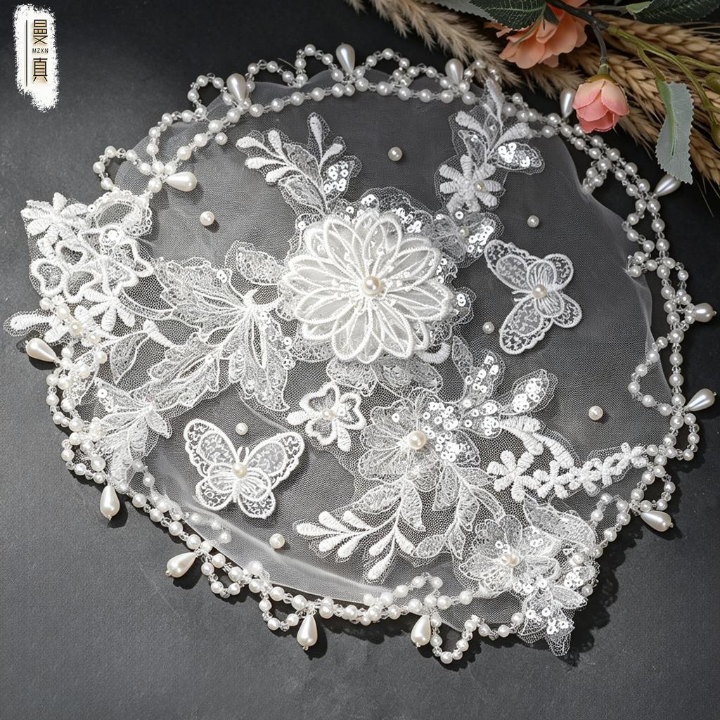 Vintage Lace Birdcage Wedding Veil, Pearl Tassel Bridal Cap Veil, Butterfly Floral Lace Beaded Headpiece for Bride