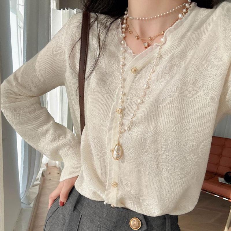 

Весенне-осенний французский кружевной вязаный кардиган с v-образным вырезом, темпераментный кружевной топ с защитой от солнца и длинными рукавами для женщин 3XL белый