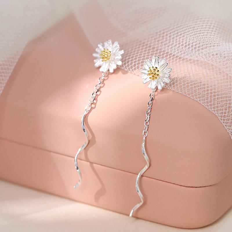 1Pair Silver Color Trend Daisy Flower Long Wire Tassel Thread Hanging Earrings For Women Piercing Earring Girl Jewelry