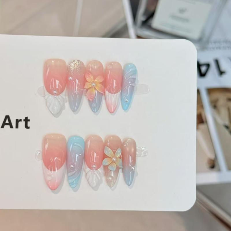 10Pcs Pink Blue Press On Nails - 3D Flower & Pearl Gradient Fake Nails XS