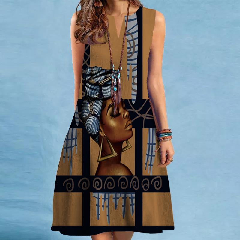 Spring and Summer Printed V-neck Loose Casual Sleeveless Dress Female Beach Vacation Casual Dresses