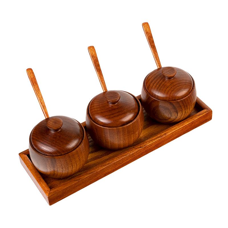 Japanese Retro Wooden Condiment Jar with Lid - Solid Jujube Wood Kitchen Salt Box
