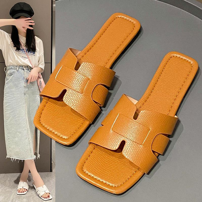 Women's Slippers Summer Square Head Flat Bottom Women's Sandals Lazy Large Size Beach Shoes