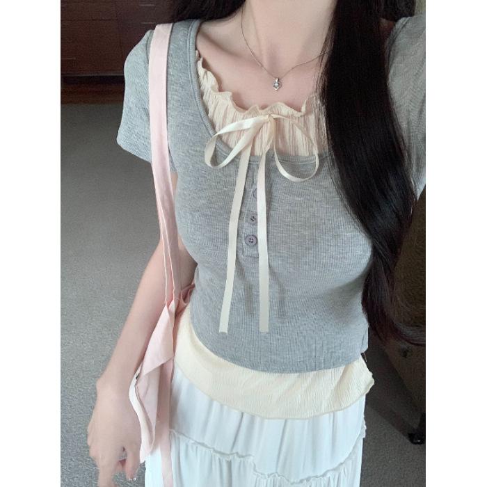 Threaded lace fake two-piece short-sleeved T-shirt women's summer new Korean version slim-fit design T-shirt top