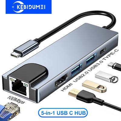 5 Porter USB C Dokkingstasjon Type C til HDMI 4K/RJ45 100M Splitter USB 3.0 5Gbps Høyhastighet USB C HUB-adapter For Bærbar PC Macbook