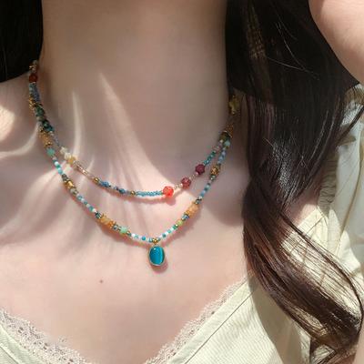 Titanium Steel Opal Agate Beaded Necklace Fashion Retro Antique Collarbone Chain Niche Temperament Versatile Jewelry Women