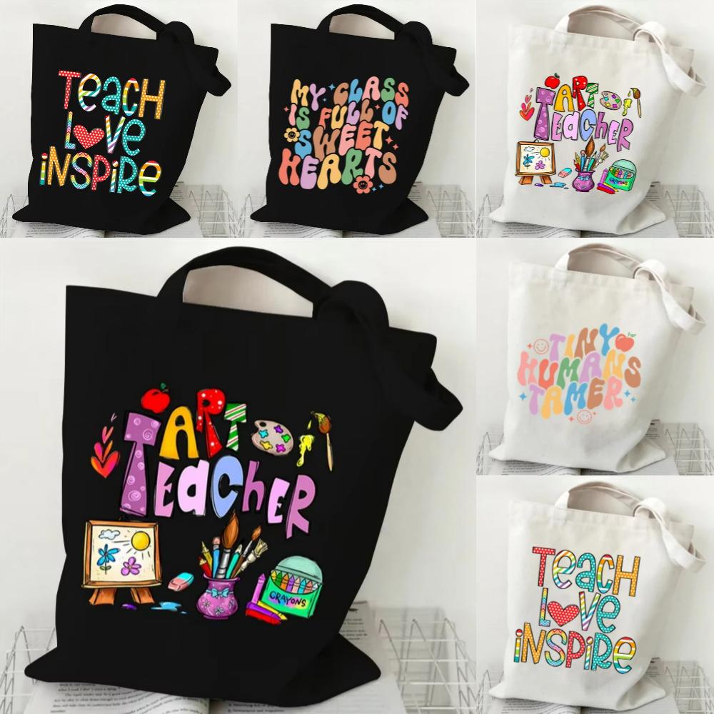 Teacher's Day Gift Teacher Print Canvas Tote Bag Women Handbag Colored Letters Teacher Canvas Tote Bag Floral Shoulder Bag