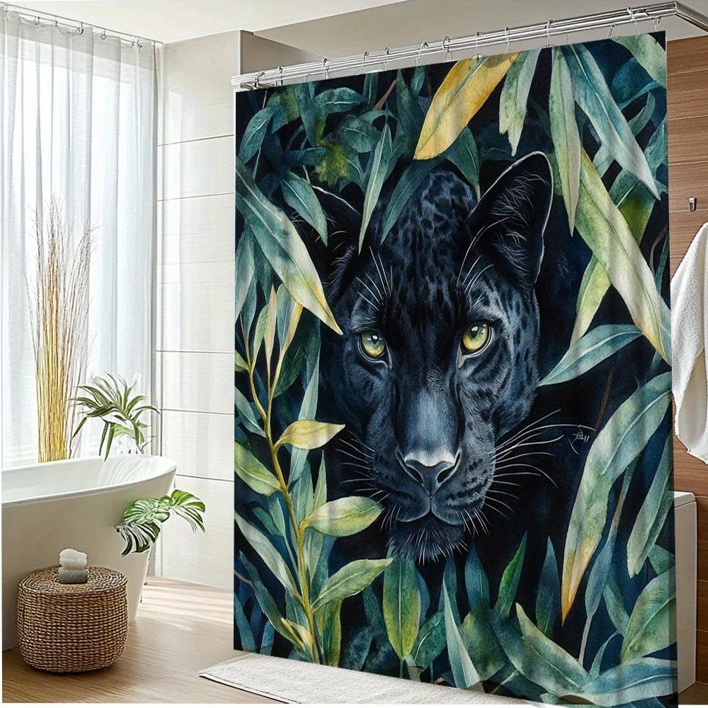

1Pc Black Panther Jungle Shower Curtain With Green Leaves - Bold Exotic Bathroom Decor, 70.8X70.8 Inches, Machine Washable Fabri W60H190(CM)-1 Pcs