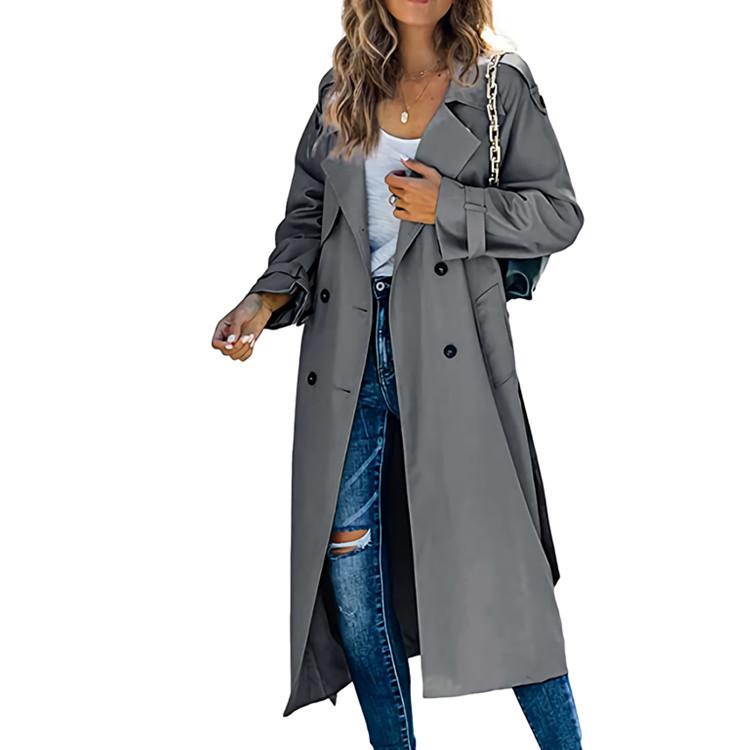Women's Elegant Lapel Double Breasted Belted Long Sleeve Oversized Long Trench Coat Windbreaker Outerwear