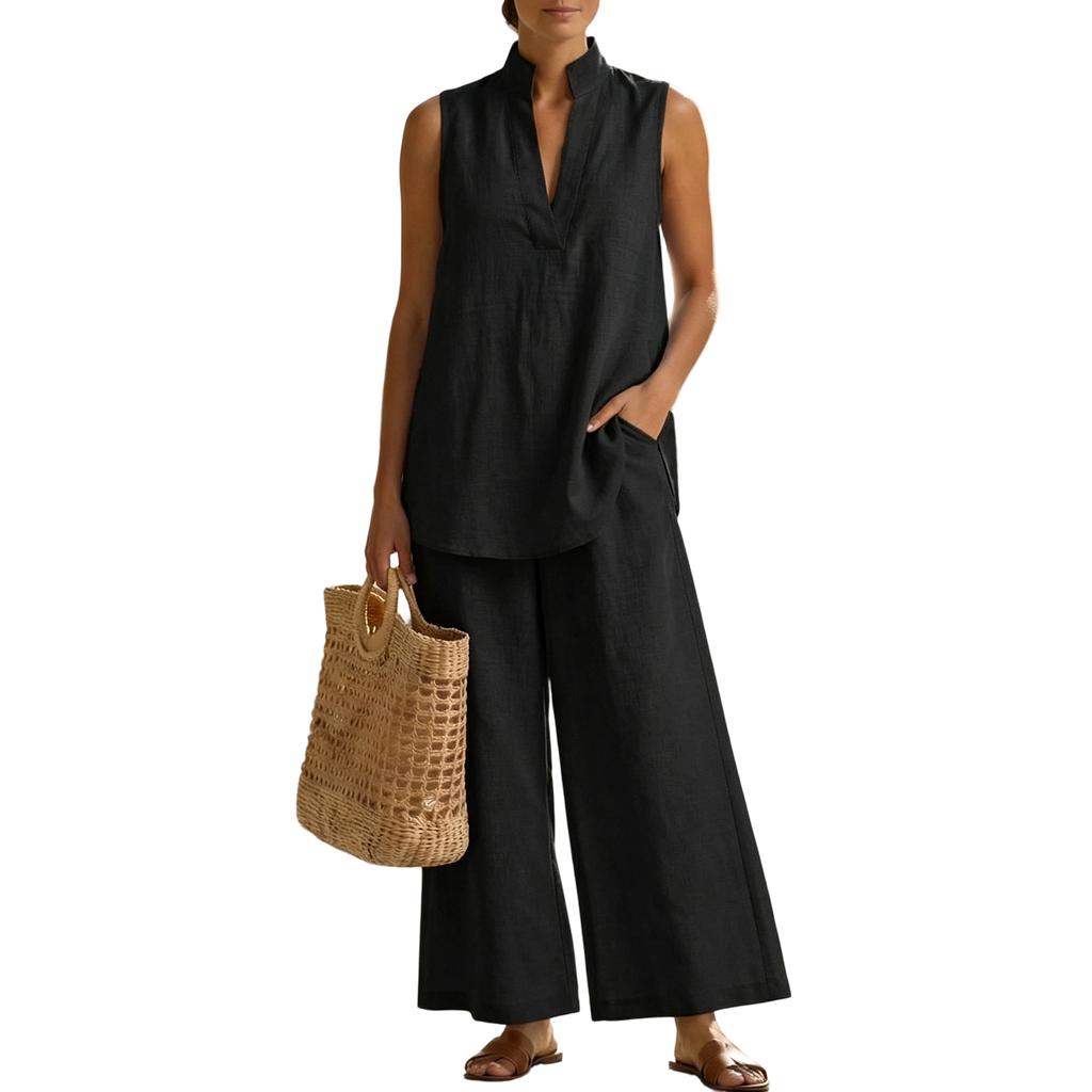Women Sleeveless V Neck Loose Tank Top Pullover High Waist Wide Leg Pants Set Casual Two Piece Outfit for Daily Wear