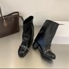 Fashion fine metal chain splicing medium boots women's autumn and winter new round head thick heel trouser tube boots sleeve