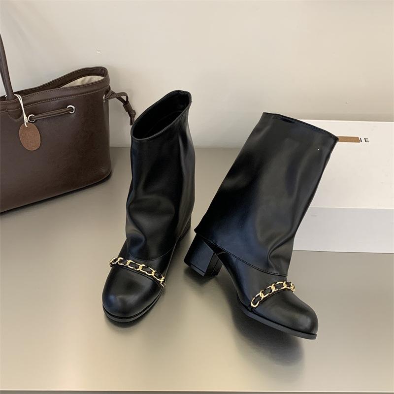 Fashion fine metal chain splicing medium boots women's autumn and winter new round head thick heel trouser tube boots sleeve