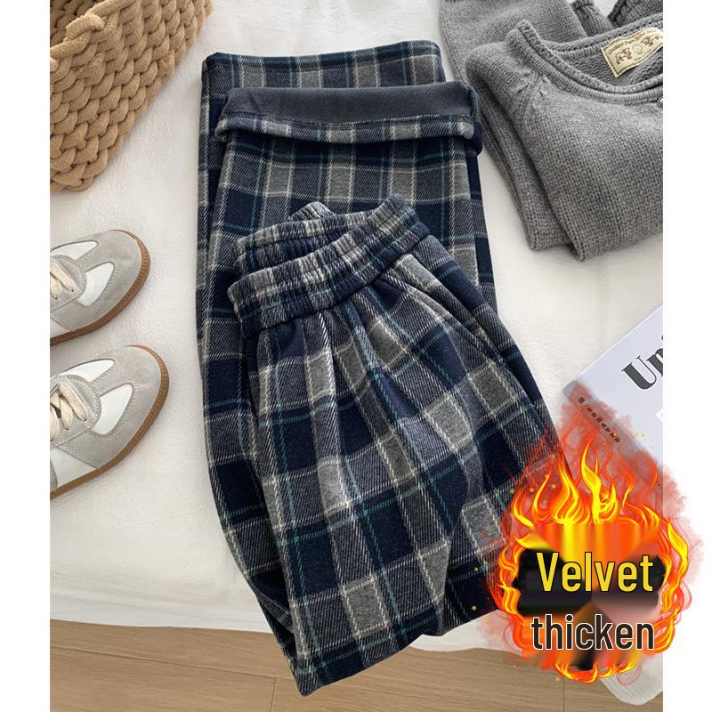 Women's Fleece-Lined Retro Plaid Wide-Leg Pants - Autumn/Winter Casual