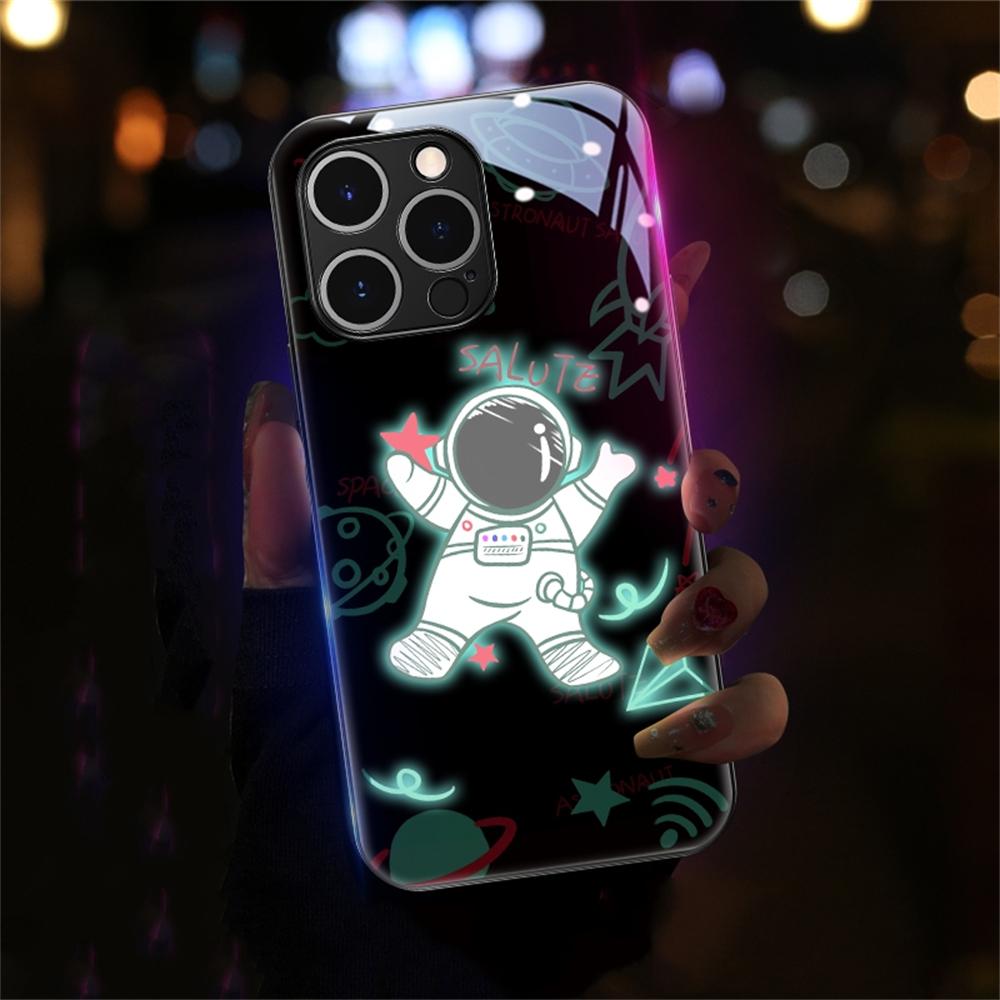 Spaceman Sound Sensor LED Flash Luminous Glass Case for iPhone Samsung