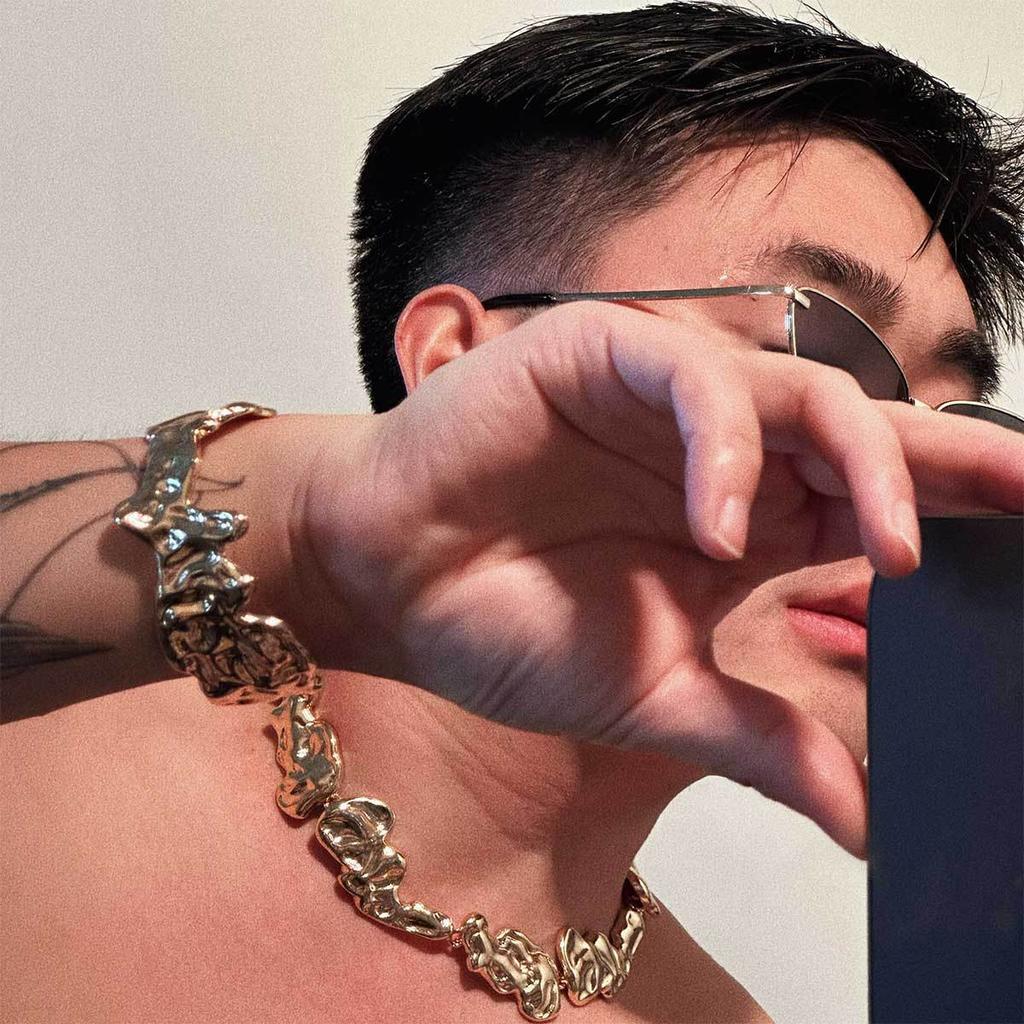 Irregular Shape Liquid Metal Necklace for Men Hip Hop Niche High-end Clavicle Chain Accessory