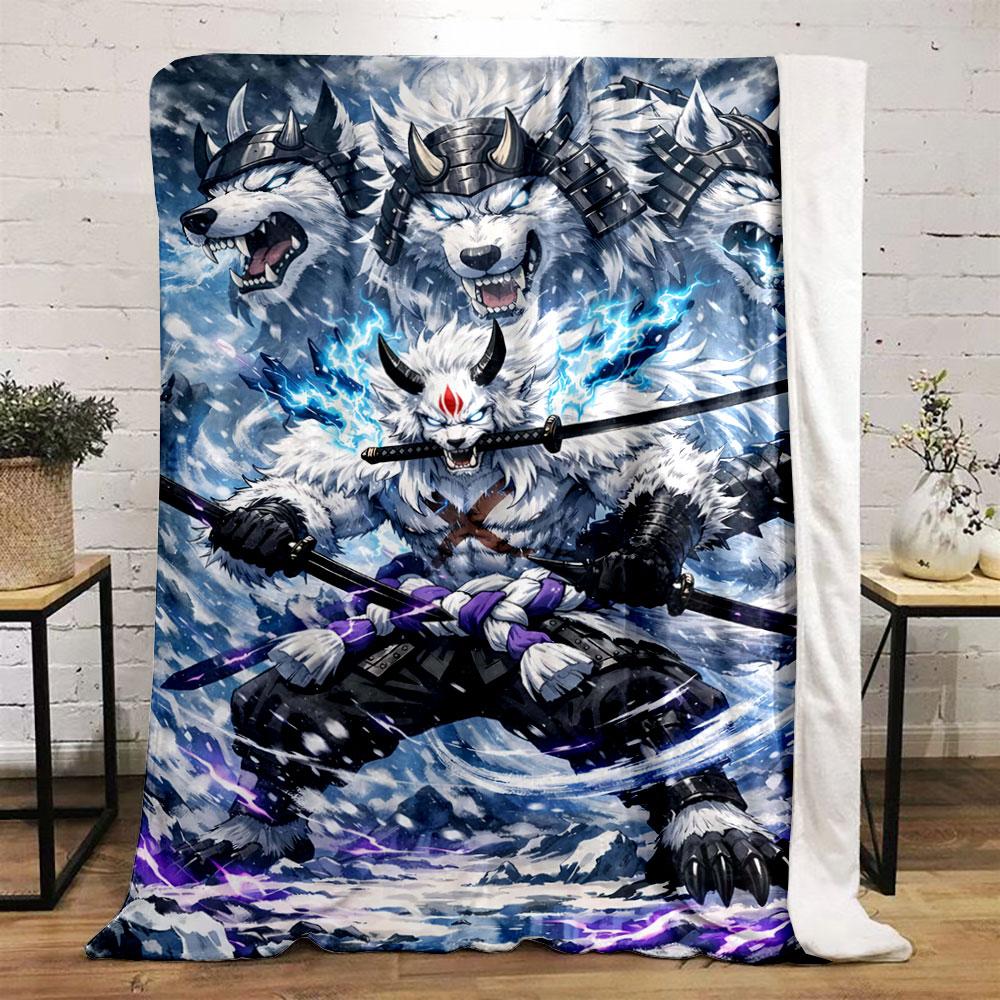 A fierce warrior wolf surrounded by icy elements and glowing energy. for all seasons blanket lunch break throw gift